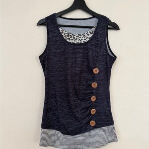 Navy Sleeveless Tank with Button Accent and Leopard Trim